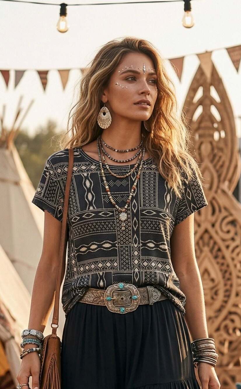 H&M Tribal Geometric Print Short Sleeve Viscose Tee Size M